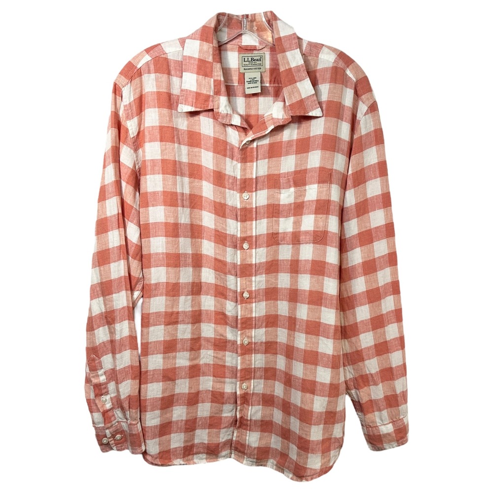 L.L.Bean‎ Large Linen Shirt Mens Plaid Button Down Long Sleeve Coral Preppy 505